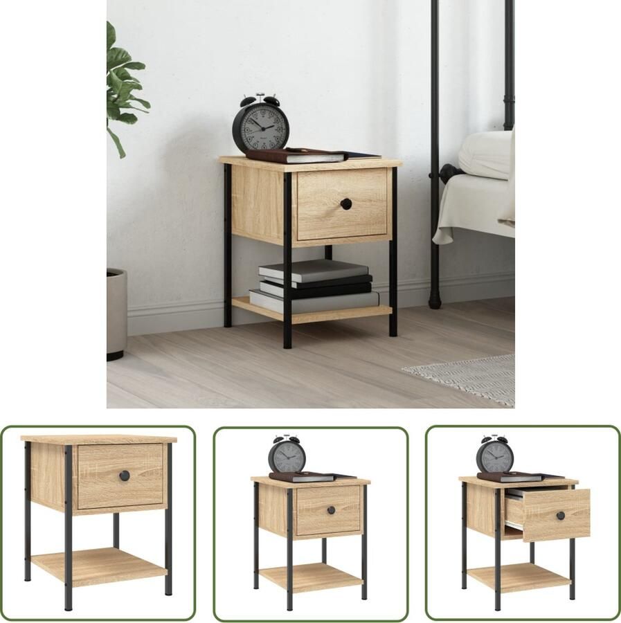 The Living Store Nachtkastje 34x35 5x45 cm bewerkt hout sonoma eikenkleurig Nachtkastje Kast Salontafel Slaapkamers Meubilair - Foto 2