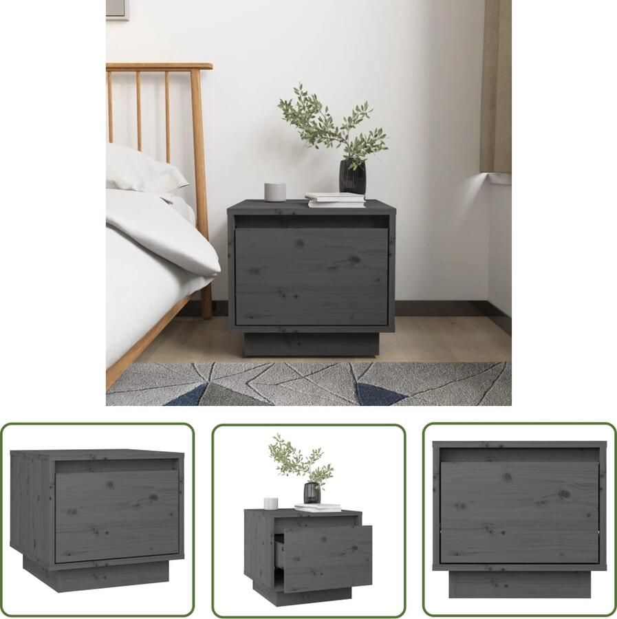The Living Store Nachtkastje 35x34x32 cm massief grenenhout grijs Nachtkastje Bijzettafel Grenoble Hout Grijze Meubels Modern Design - Foto 2