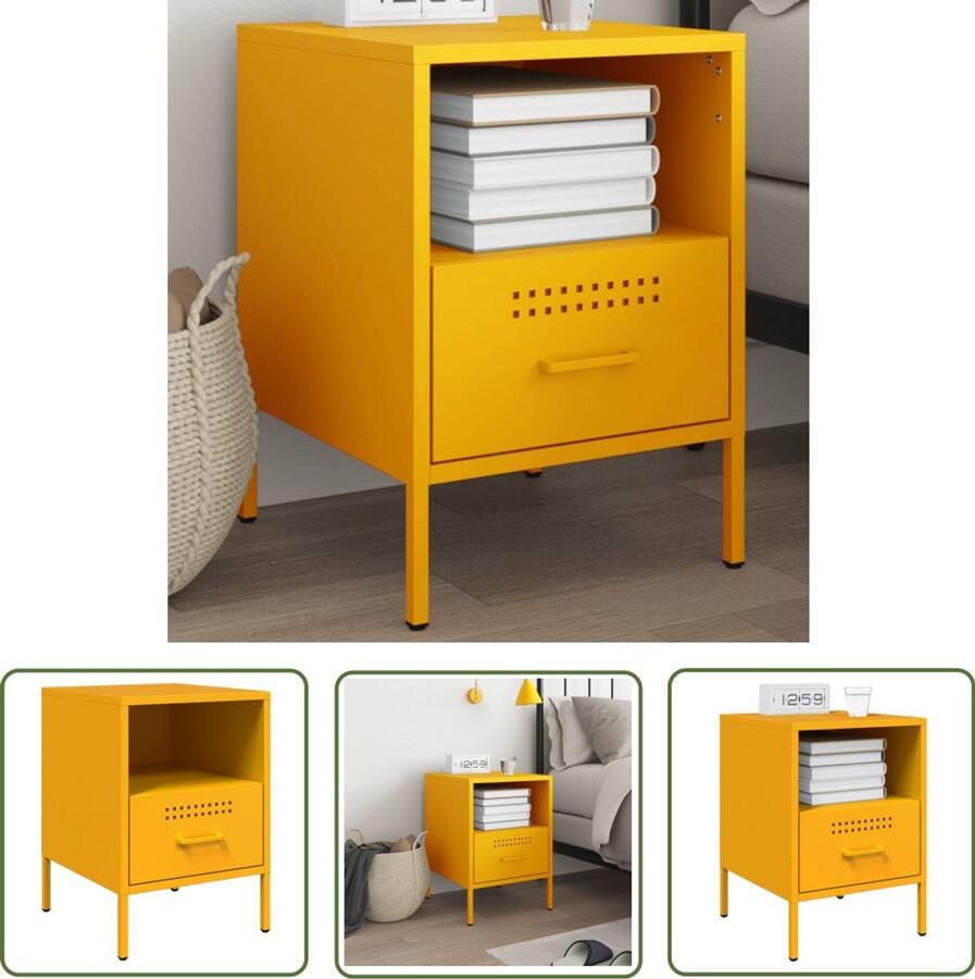 The Living Store Nachtkastje 36x39x50 5 cm staal mosterdgeel Nachtkastje Industrieel Design Staal Mustard Geel Vintage