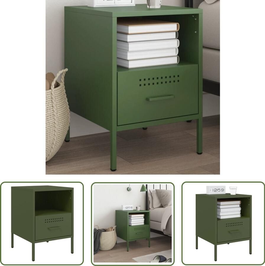 The Living Store Nachtkastje 36x39x50 5 cm staal olijfgroen Nachtkastje Industrieel Nachtkastje Staal Olijfgroot Industriële Decoratie Slaapkamerstijl