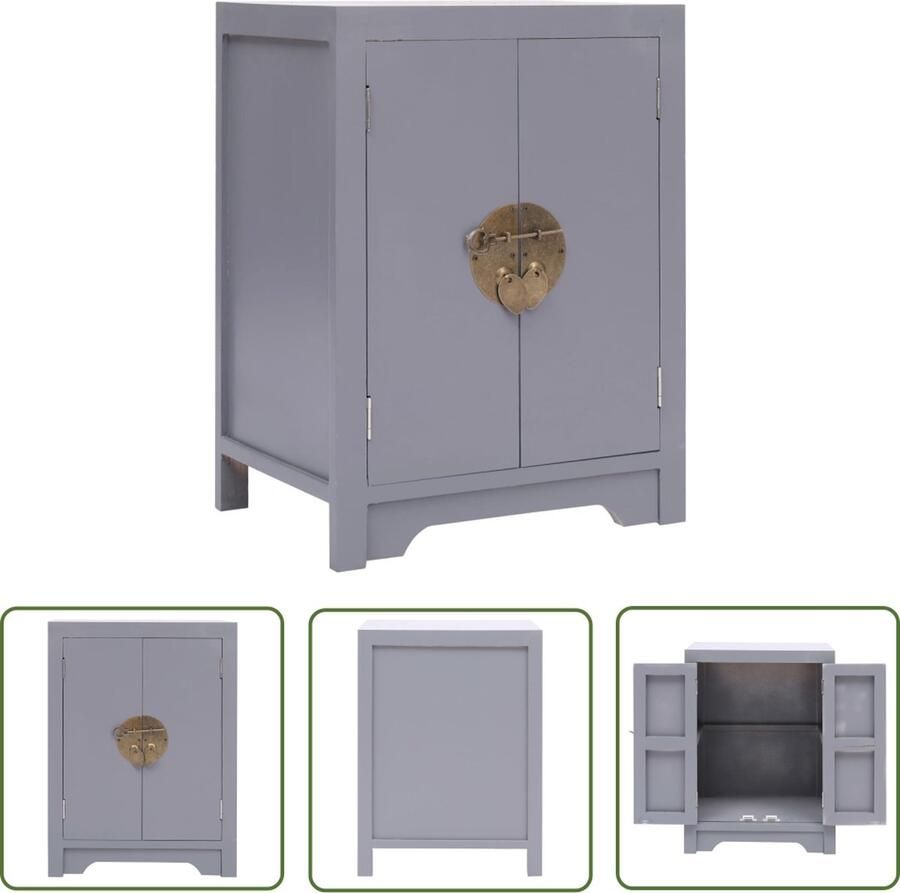 The Living Store Nachtkastje Aziatische stijl 38 x 28 x 52 cm Grijs Paulowniahout en MDF Met 2 deuren Nachtkastje Nachttafel Sidetable Meubel Vintage - Foto 2