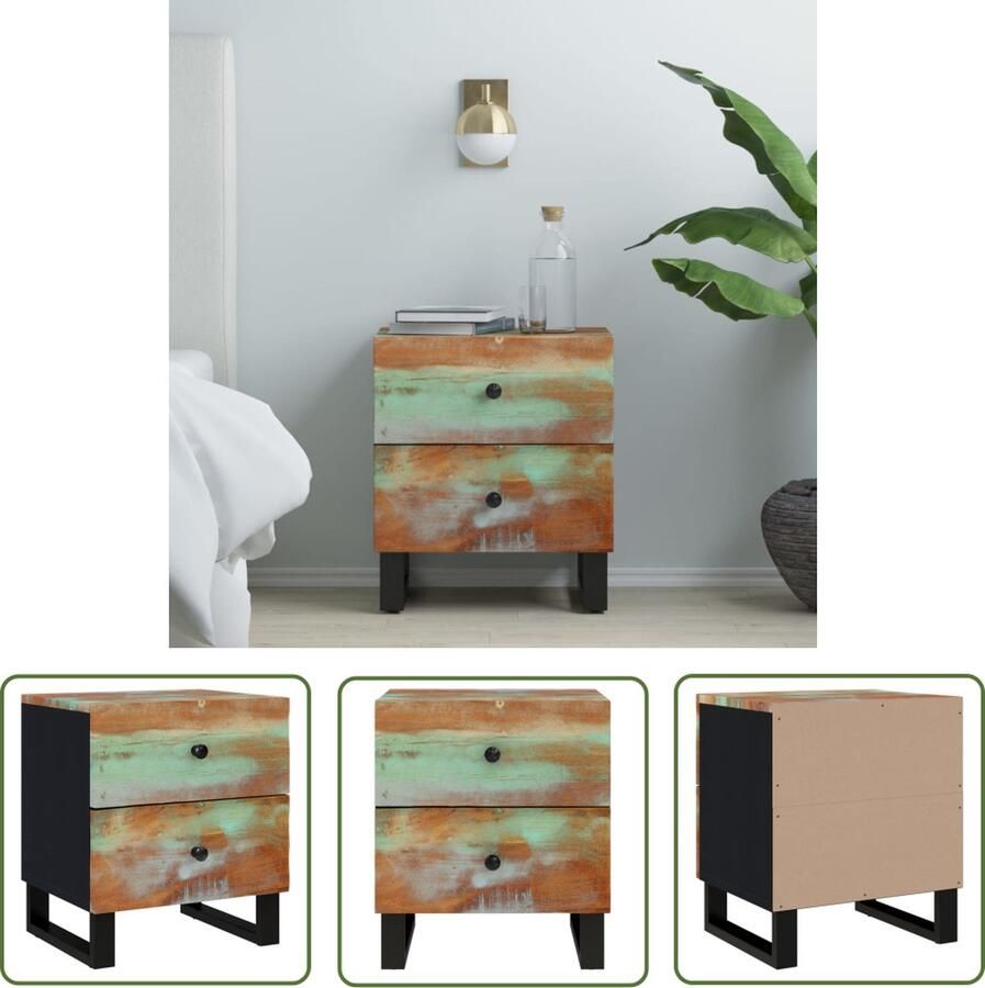 The Living Store Nachtkastje Massief gerecycled hout IndustriÃle basis 40 x 33 x 46 cm Nachtkastje Industrieel Nachtlampje Industriele Meubels Houten Nachtkastje Recycled Wood Furniture - Foto 2
