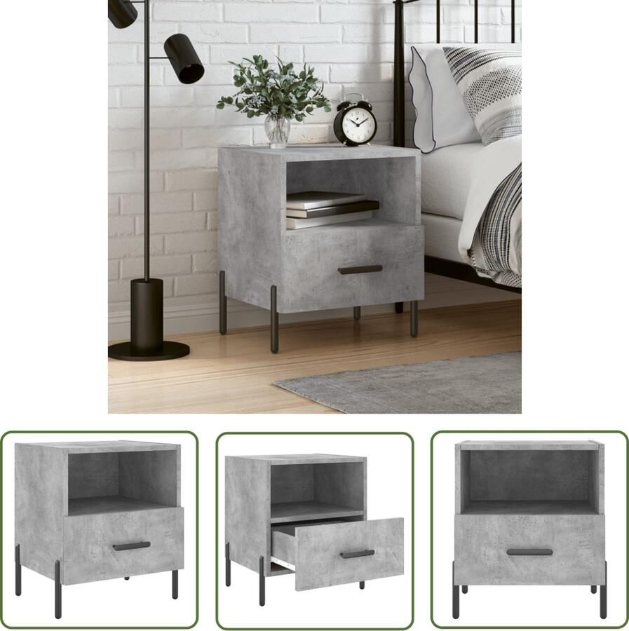 The Living Store Nachtkastje Betongrijs 40 x 35 x 47.5 cm Metalen voeten Nachtkastje Kast Beton Grijs Houten Kast Slaapkamer Meubilair - Foto 2
