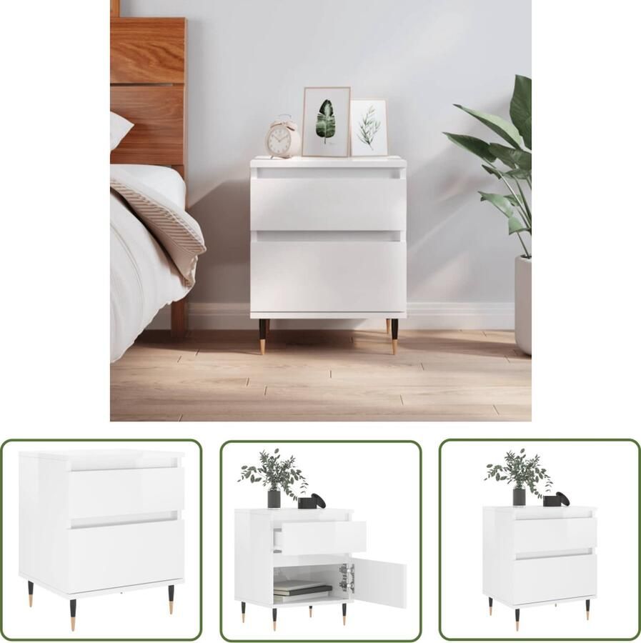 The Living Store Nachtkastje 40x35x50 cm bewerkt hout hoogglans wit Nachtkastje Kastje Slaapkamervloerisdecoratie Houten Nachttafel Modern Nachtkastje