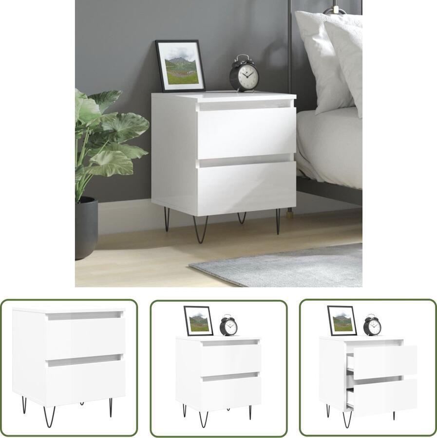 The Living Store Nachtkastje Hoogglans Wit Nachtkastje Afmetingen- 40 x 35 x 50 cm Duurzaam hout 2 lades Stabiel blad Nachtkastje Kastje Slaapkamers Bedroom Furniture Houten Nachttafel - Foto 2