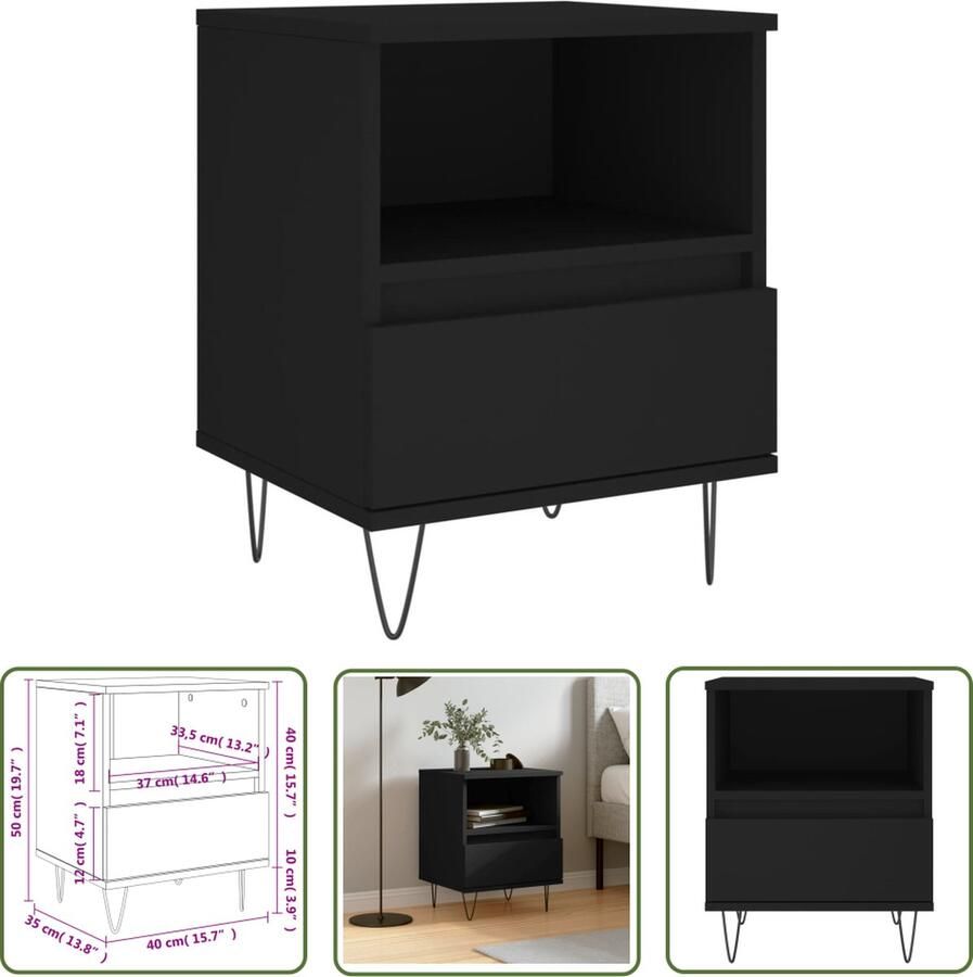 The Living Store Nachtkastje 40x35x50 cm bewerkt hout zwart Nachtkastje Kastje Slaapkamervloeris Houten Nachtkastje Zwart Nachtkastje - Foto 2