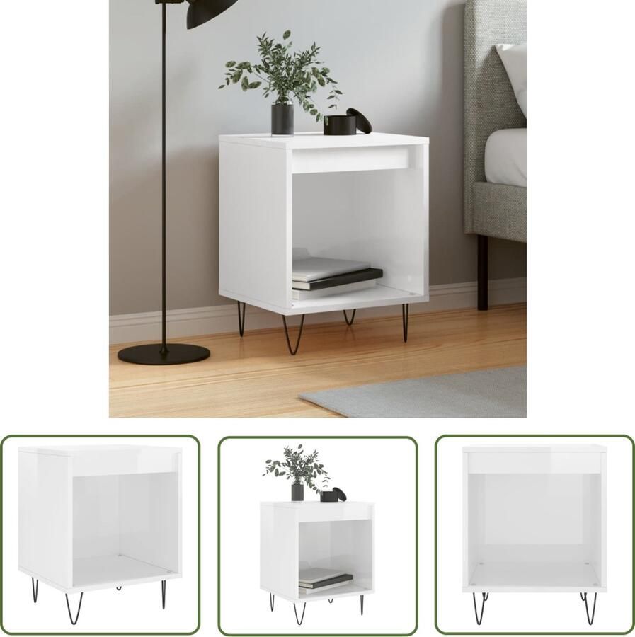The Living Store Nachtkastje Hoogglans wit 40 x 35 x 50 cm Bewerkt hout en metaal Nachtkastje Slaapkamermeubel Houten Kast Witte Kast Compact Meubel - Foto 3