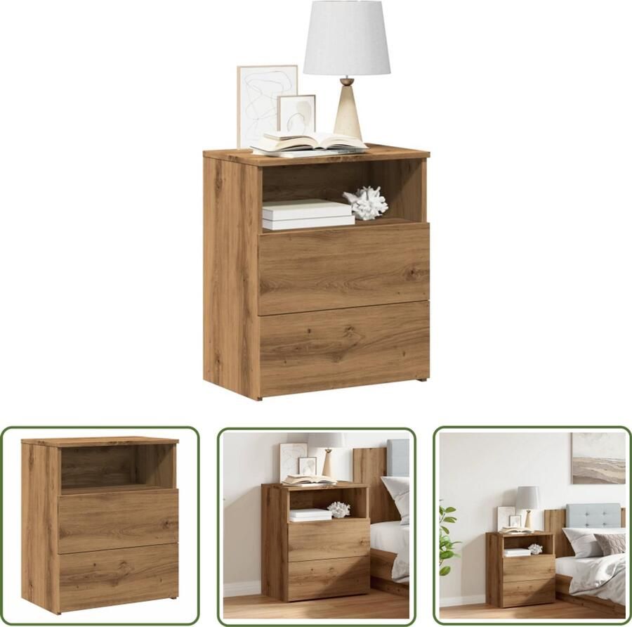 The Living Store Nachtkastje 50x32x60 cm bewerkt hout artisanaal eikenkleurig Nachtkastje Dressoir Houten Kast Salontafel Eiken Kleur - Foto 2
