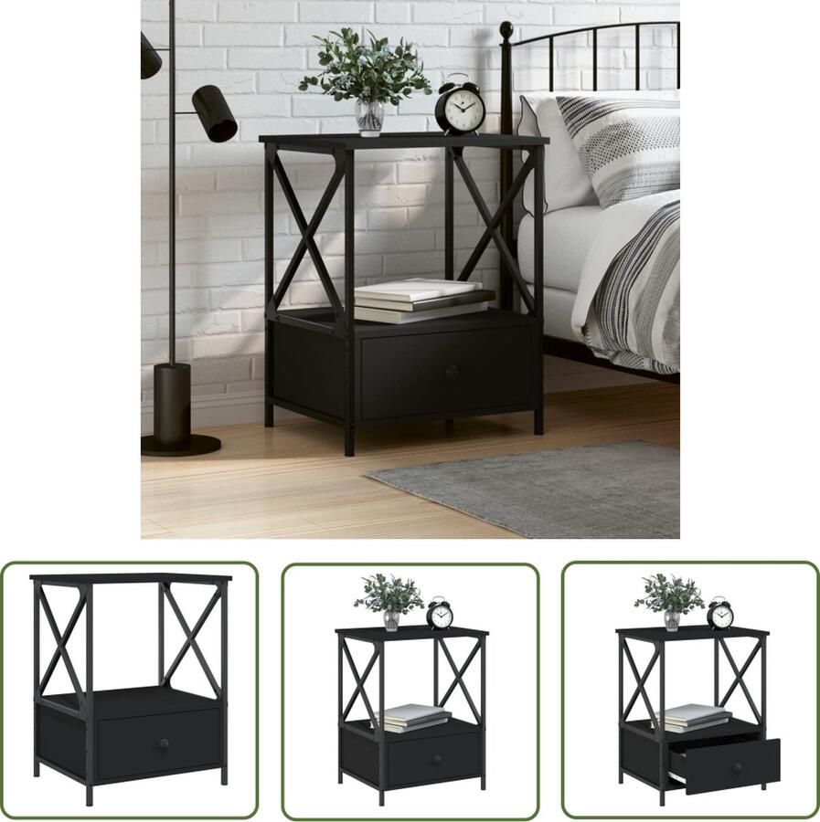 The Living Store Nachtkastje Zwart 50 x 41 x 65 cm IndustriÃle uitstraling Duurzaam hout en ijzer Verstelbare poten Voldoende opbergruimte Met display-functie - Foto 2