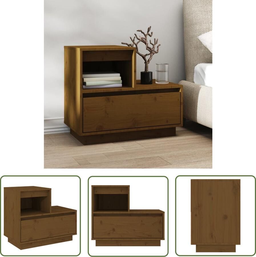 The Living Store Nachtkastje 60x34x51 cm massief grenenhout honingbruin Nachtkastje Grenenhout Houten Nachtkastje Salontafel Slaapkamers - Foto 2