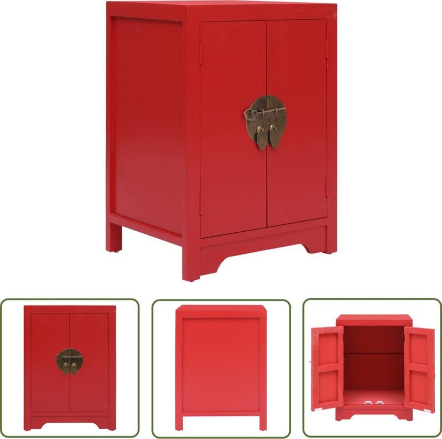 The Living Store Nachtkastje Aziatische Stijl 38x28x52 cm Rood Paulowniahout en MDF Met 2 deuren - Foto 2