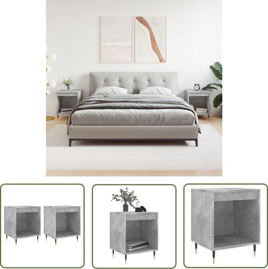 The Living Store Nachtkastjes 2 st 40x35x50 cm bewerkt hout betongrijs Nachtkastje Betongrijs Houten Kast Metalen Poten Slaapkamerdecoratie - Foto 2