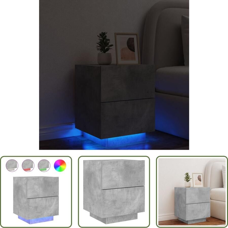 The Living Store Nachtkastje Betongrijs 45 x 40 x 55 cm Met LED-verlichting 2 lades Nachtkastje Led Verlichting Beton Grijs Slaapkamerdecoratie Houten Meubel - Foto 2