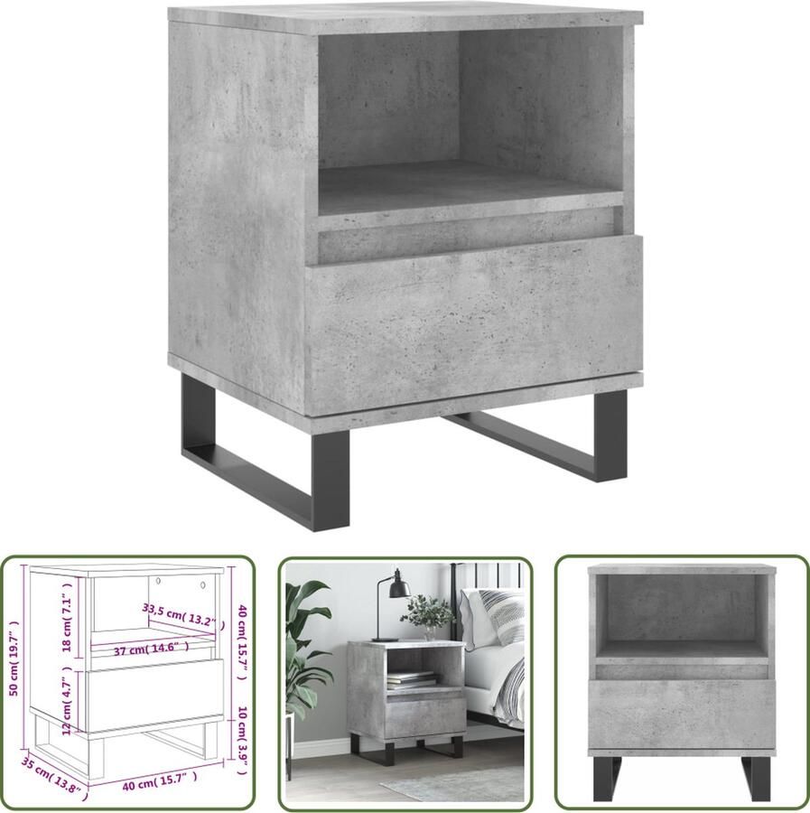 The Living Store Nachtkastje Betongrijs Trendy Nachtkastje 40x35x50cm Duurzaam bewerkt hout en metaal Nachtkastje Kastje Slaapkamermeubel Beton Grijs Houten Meubel - Foto 4
