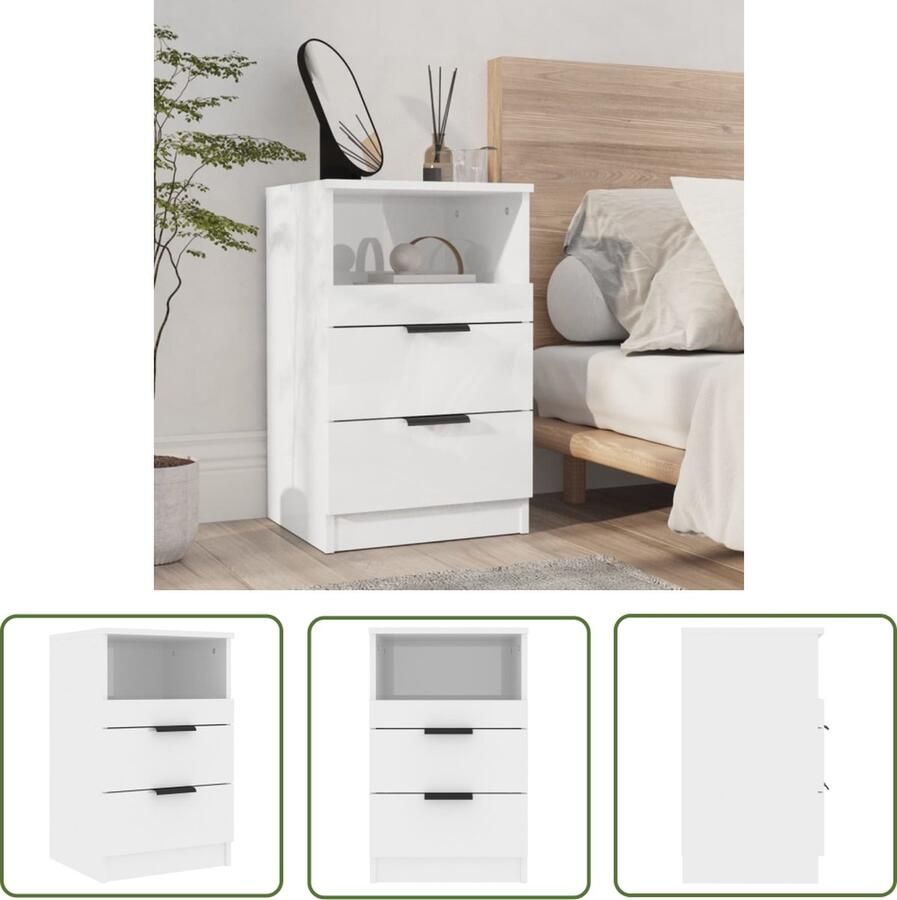 The Living Store Nachtkastje Hoogglans wit 40 x 36 x 65 cm (B x D x H) Nachtkastje Kastje Slaapkamermeubel Houten Meubel Wit Meubel - Foto 2