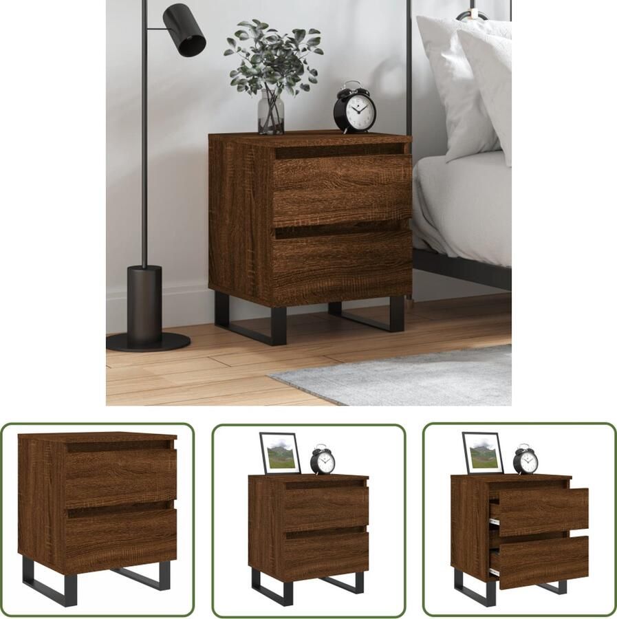 The Living Store Nachtkastje Bruineiken Bewerkt hout 40x35x50 cm 2 lades - Foto 2