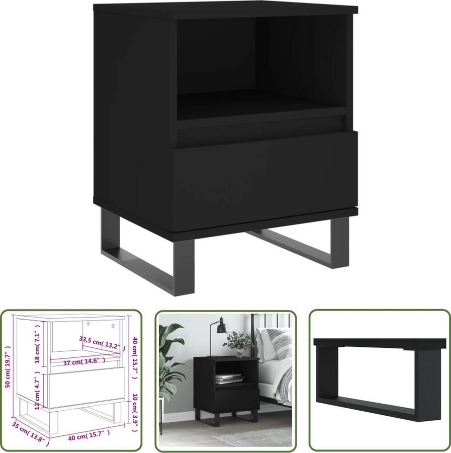 The Living Store Nachtkastje Classic Zwart 40x35x50 cm Duurzaam hout Voldoende opbergruimte Nachtkastje Kastje Slaapkamermeubel Houten Meubel Zwarte Meubel - Foto 3