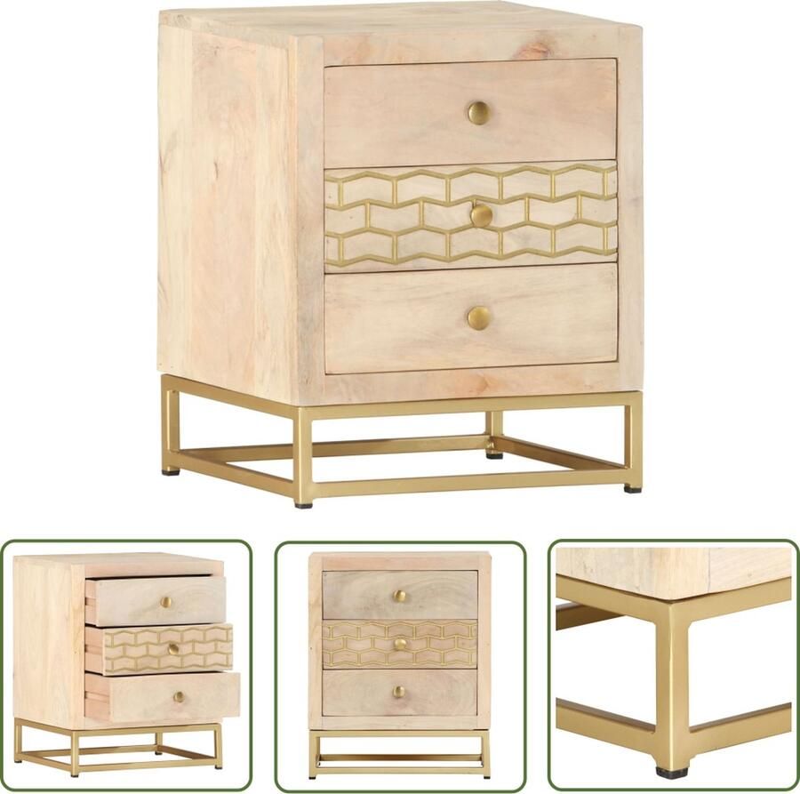 The Living Store Nachtkastje Decoratieve Goudkleurige Massief Mangohout Retro Stijl 40x30x50cm met 3 Lades Nachtkastje Kastje Salontafel Vintage Retro - Foto 3