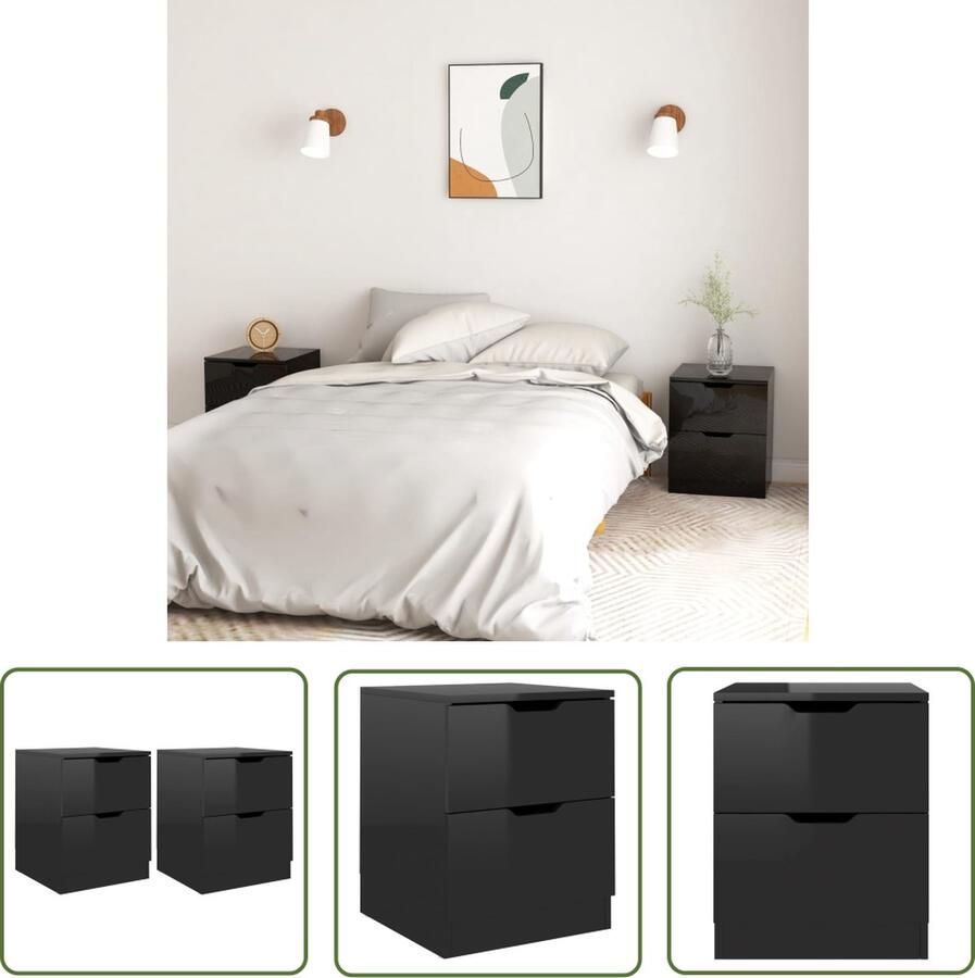 The Living Store Nachtkastjes 2 st 40x40x50 cm spaanplaat hoogglans zwart Kast - Foto 2