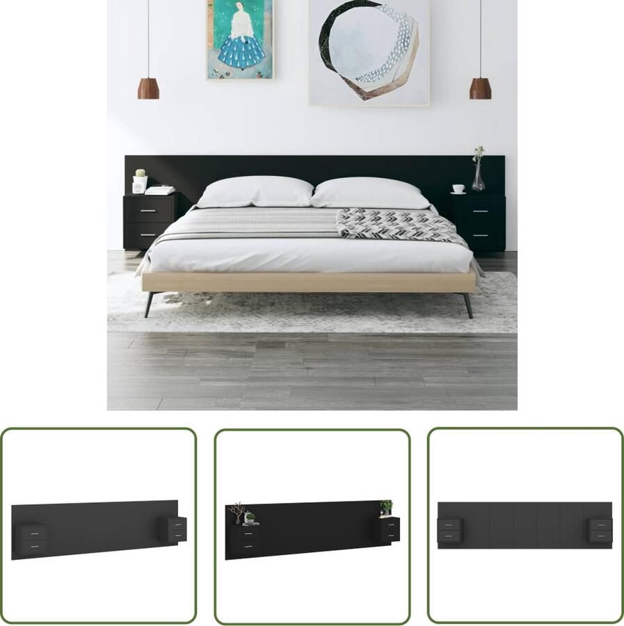 The Living Store Nachtkastje en Hoofdbord Zwarte Houten meubelen Wandmontage mogelijk Opbergruimte Stevig materiaal levering bevat 2x nachtkastje en 1x hoofdbord