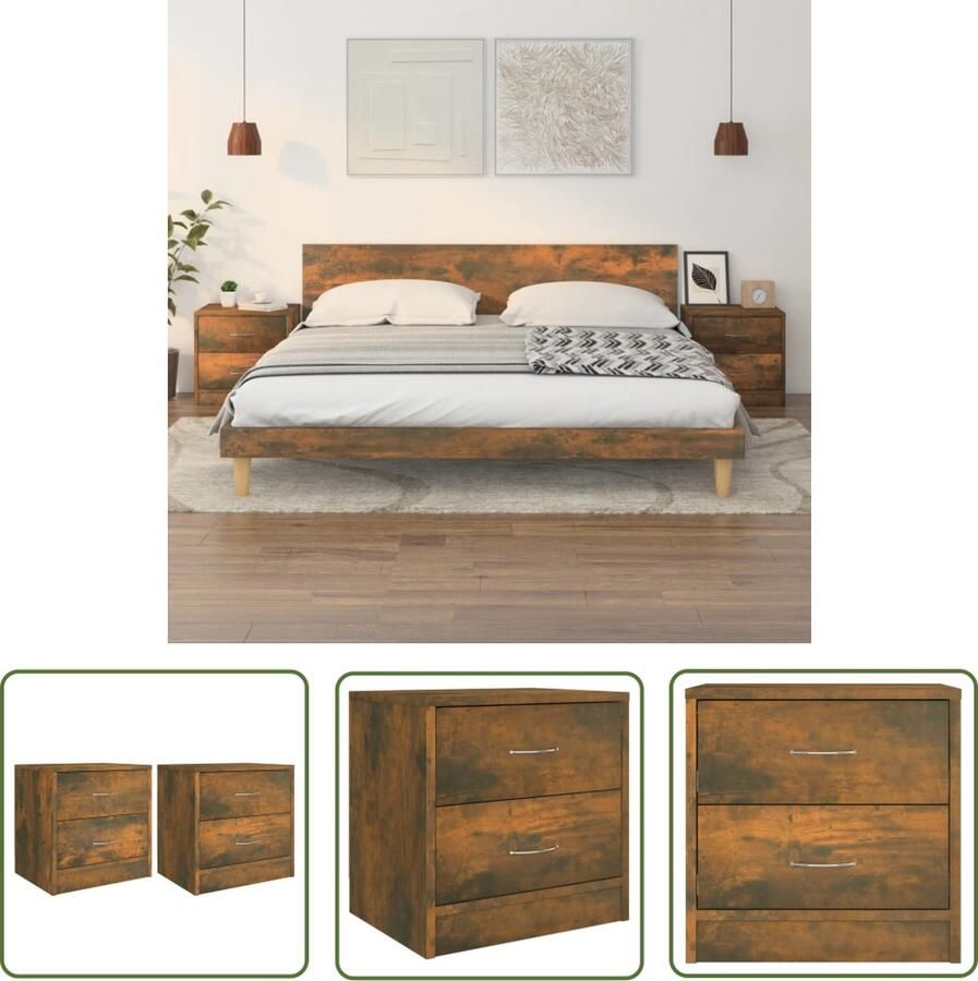 The Living Store Nachtkastje Gerookt eiken 40 x 30 x 40 cm 2 lades - Foto 2