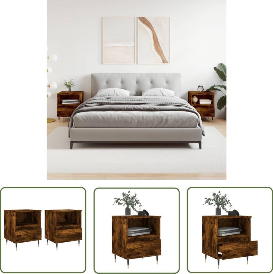 The Living Store Nachtkastjes 2 st 40x35x50 cm bewerkt hout gerookt eikenkleurig Nachtkastje Kastje Slaapkamervloerisolatie Houten Meubel Bruine Kamerdecoratie - Foto 2