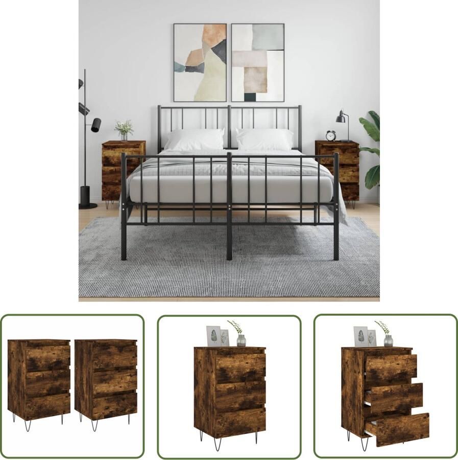 The Living Store Nachtkastje Gerookt eiken 40 x 35 x 69 cm 3 lades - Foto 2