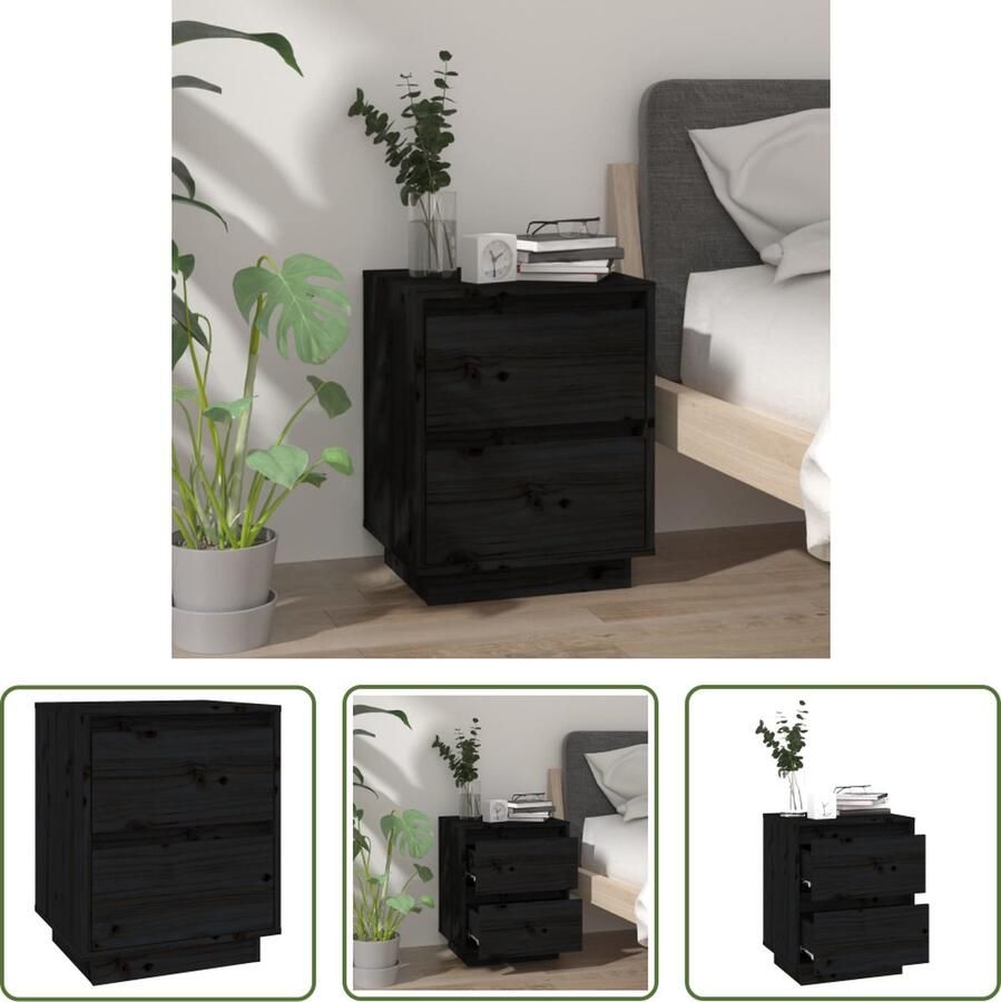 The Living Store Nachtkastje Grenenhout Universele Opbergruimte 40x35x50 cm Zwart - Foto 2