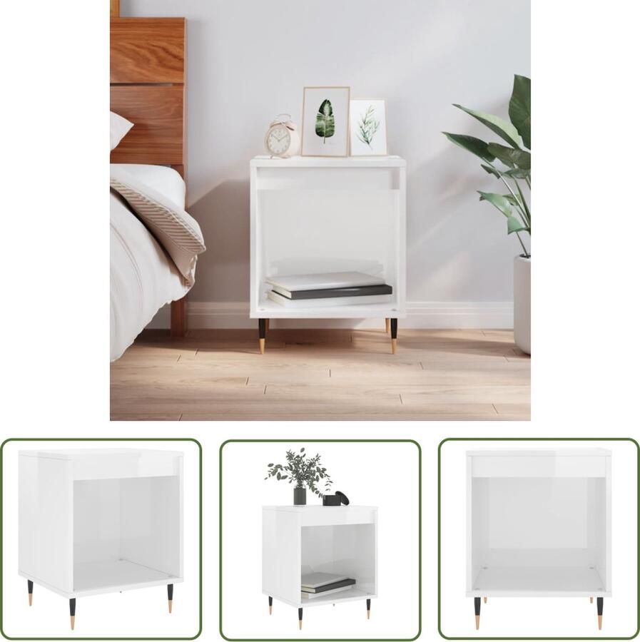 The Living Store Nachtkastje Hoogglans Wit 40 x 35 x 50 cm Bewerkt Hout en Metaal Nachtkastje Nachtkast Houten Nachttafel Wit Nachtkastje Hoogglans - Foto 2