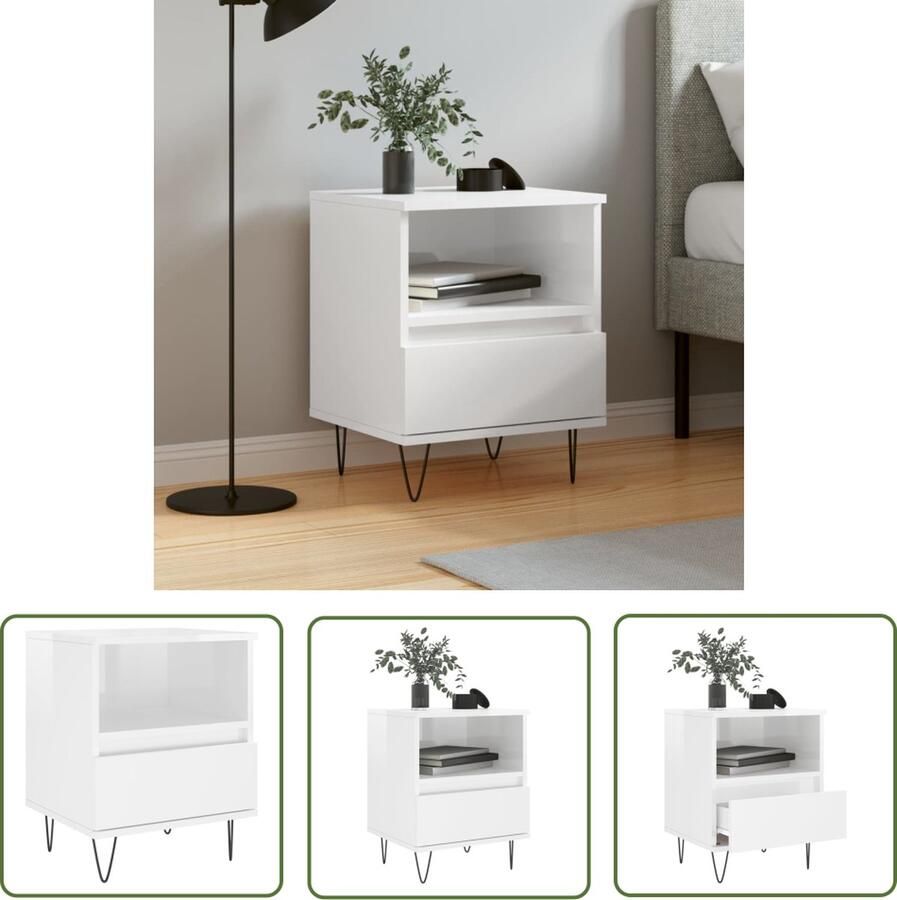 The Living Store Nachtkastje Hoogglans wit 40 x 35 x 50 cm Bewerkt hout en metaal Nachtkastje Slaapkamermeubel Houten Kast Witte Kast Compact Meubel - Foto 5