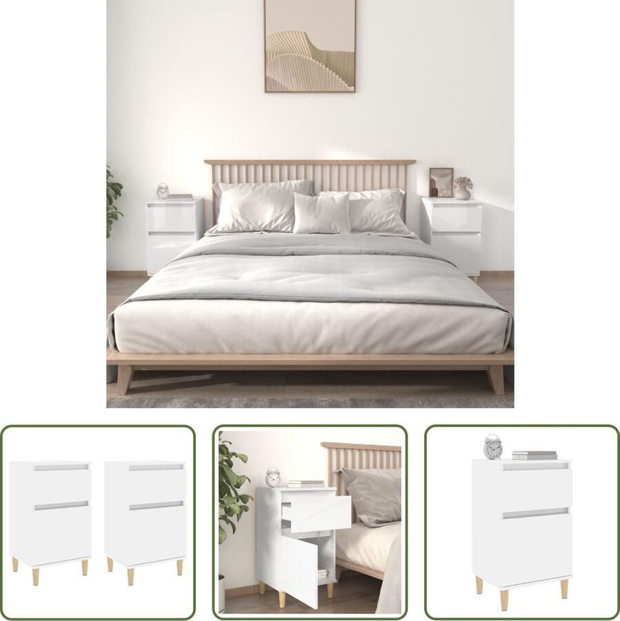 The Living Store Nachtkastje Hoogglans Wit 40 x 35 x 70 cm Bewerkt hout en Eucalyptushout - Foto 2