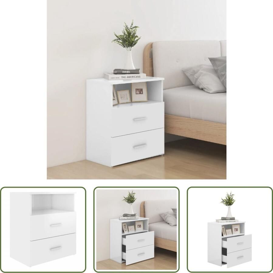 The Living Store Nachtkastje Hoogglans wit 50 x 32 x 60 cm Stabiel en stevig 2 lades en schap - Foto 2