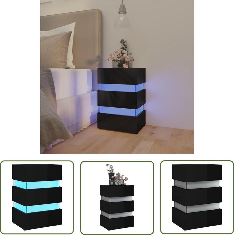 The Living Store 326846 Nachtkastje LED 45x35x67 cm bewerkt hout hoogglans zwart Nachtkastje Led Lamp Zwarte Nachttafel Houten Nachtkast Usb Aansluiting - Foto 2