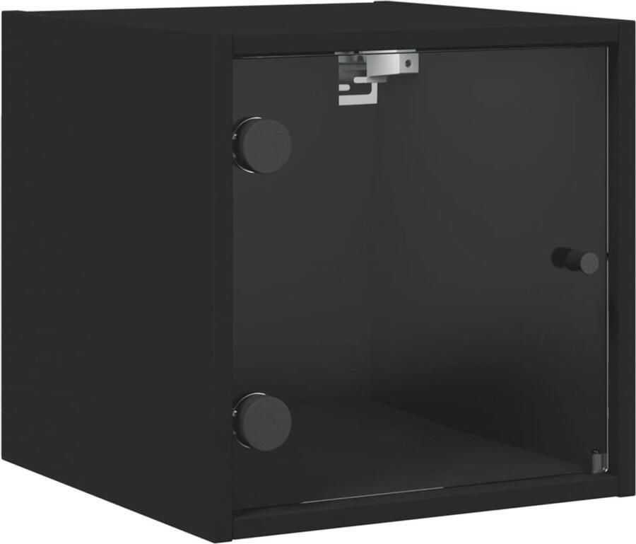 The Living Store Nachtkastje met glazen deur 35x37x35 cm zwart Nachtkastje Wandmontage Houten Kast Zwarte Kleur Glazen Deur - Foto 2