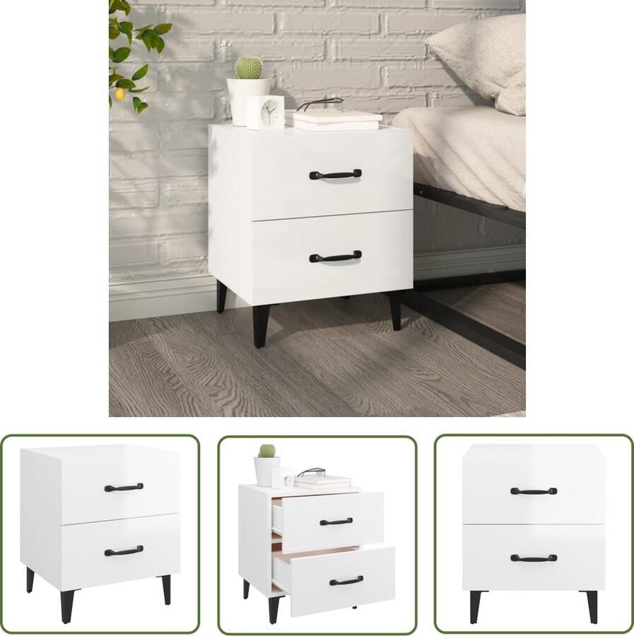 The Living Store Nachtkastje IndustriÃle Stijl 40 x 35 x 47.5 cm 2 Lades Hoogglans Wit - Foto 2
