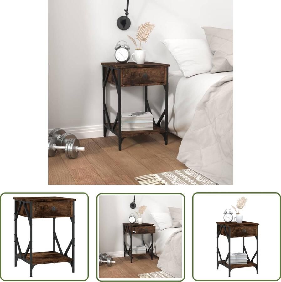 The Living Store Nachtkastje IndustriÃle Stijl 40x42x60 cm Gerookt Eiken Nachtkastje Industrieel Design Houten Nachtkast Bruine Nachtkast Bijzettafel - Foto 3