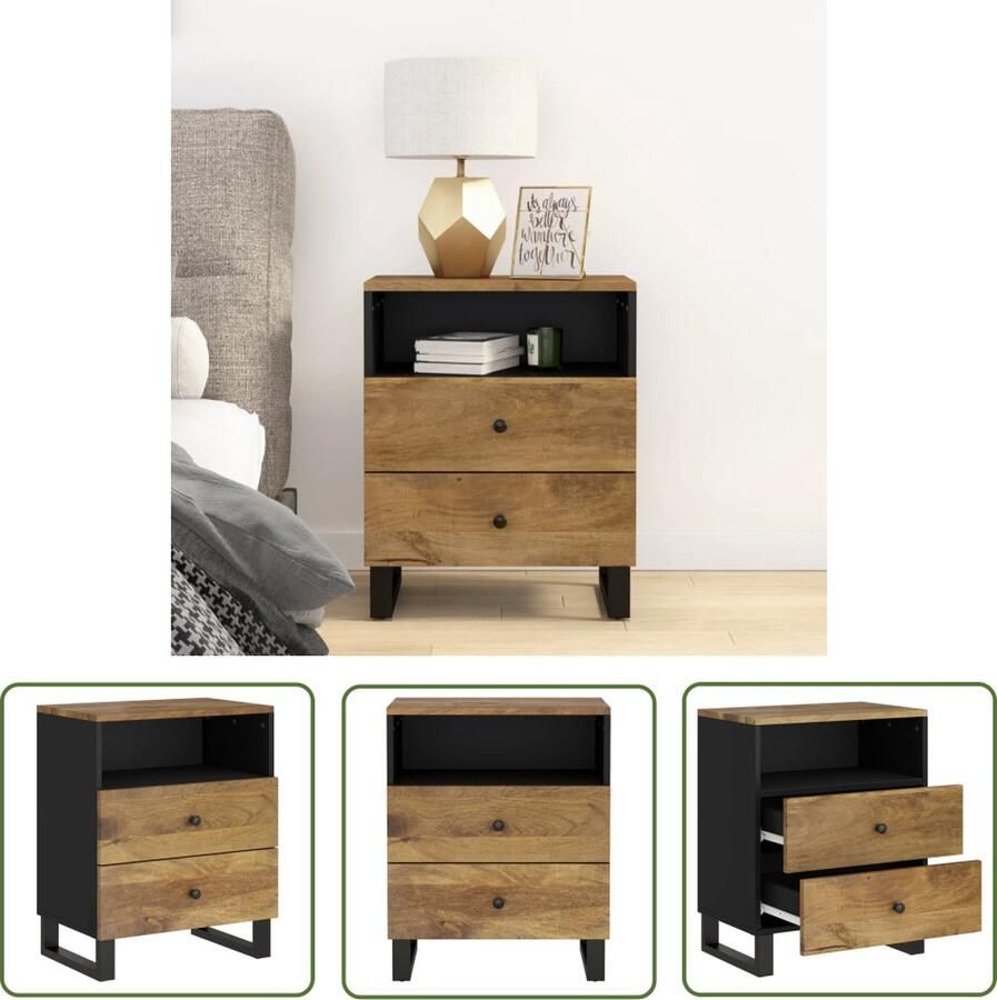 The Living Store Nachtkastje Industrieel 50 x 33 x 62 cm Massief mangohout Nachtkastje Industrial Design Mango Wood Houten Kast Bijzettafel - Foto 3