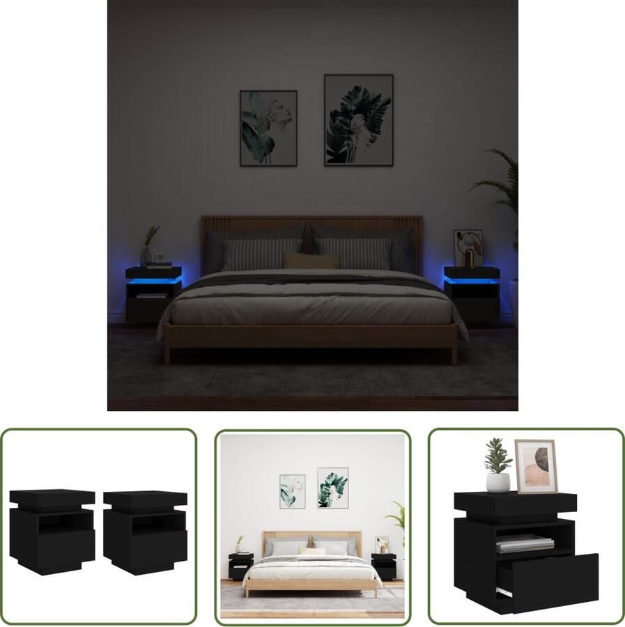 The Living Store Nachtkastje LED-verlichting 40 x 39 x 48.5 cm Kleur- zwart Nachtkastje Led Lamp Houten Nachtkastje Slaapkamer Meubilair Black Furniture - Foto 2