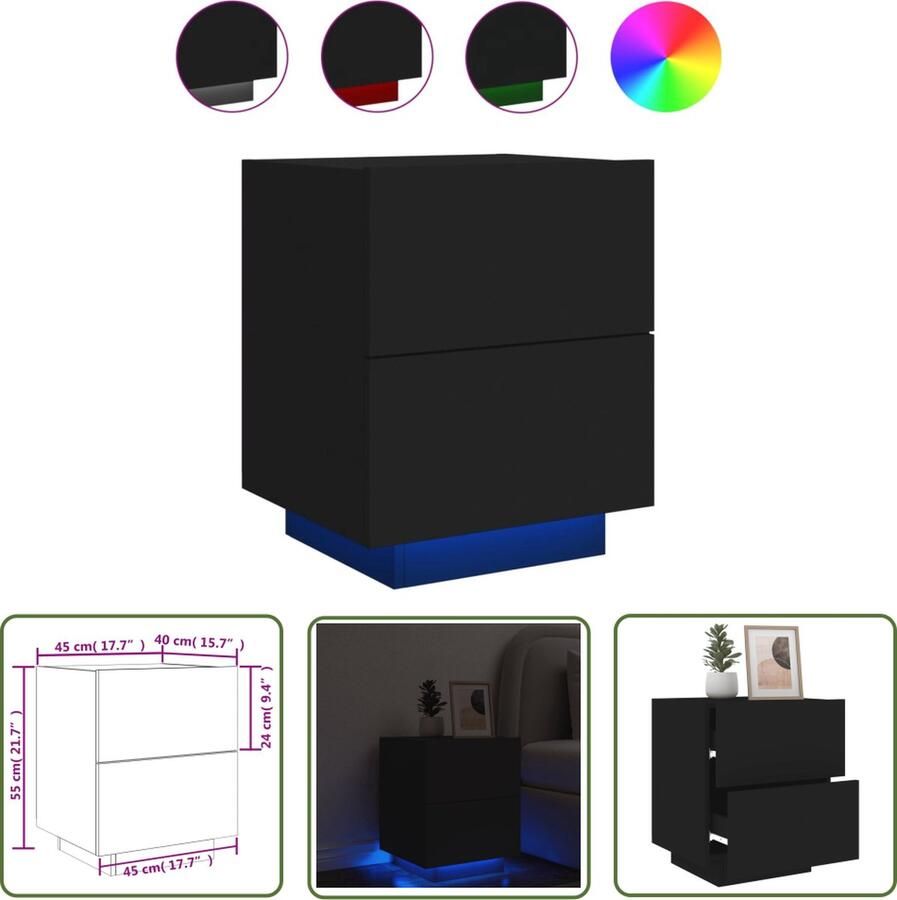 The Living Store Nachtkastje LED verlichting 45 x 40 x 55 cm Zwart Bewerkt hout Nachtkastje Led Verlichting Houten Nachtkastje Black Furniture Slaapkamersdecoratie - Foto 2