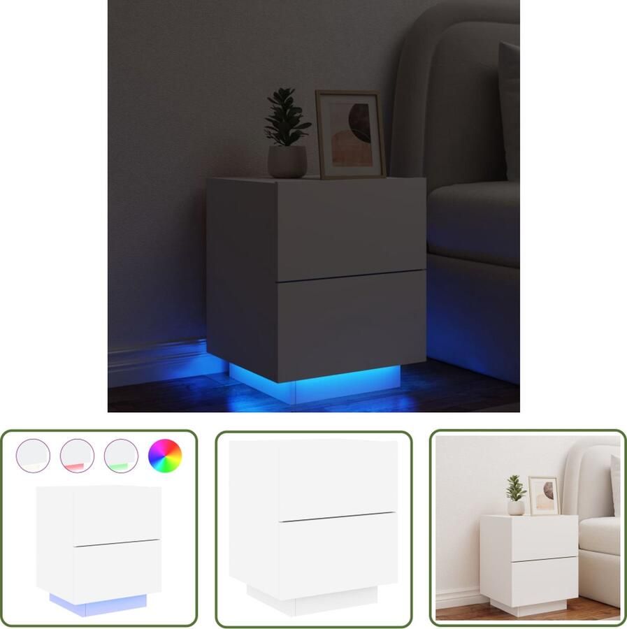 The Living Store Nachtkastje met LED-verlichting bewerkt hout wit Nachtkast Led Lamp Nachtkastje Met Licht Houten Nachtkast Wit Nachtkast - Foto 2