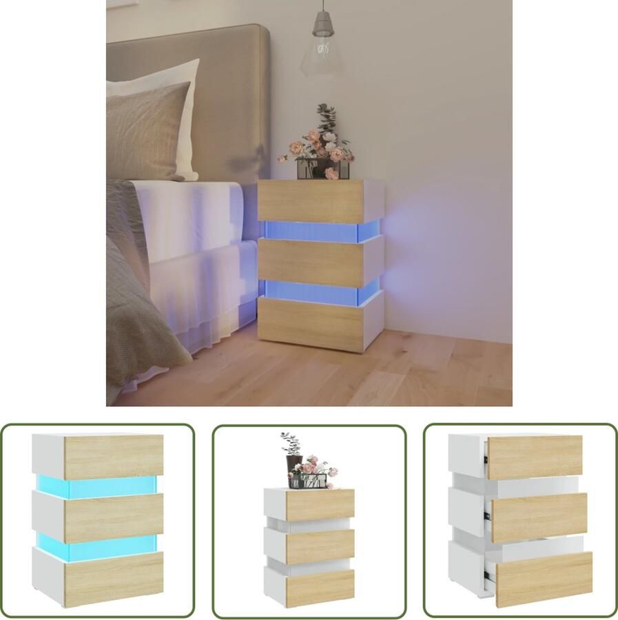 The Living Store Nachtkastje LED-verlichting bewerkt hout 45x35x67 cm wit en sonoma eiken Nachtkastje Led Nachtlamp Houten Nachtkastje Slaapkamersdecoratie Slaapkamermeubilair - Foto 2