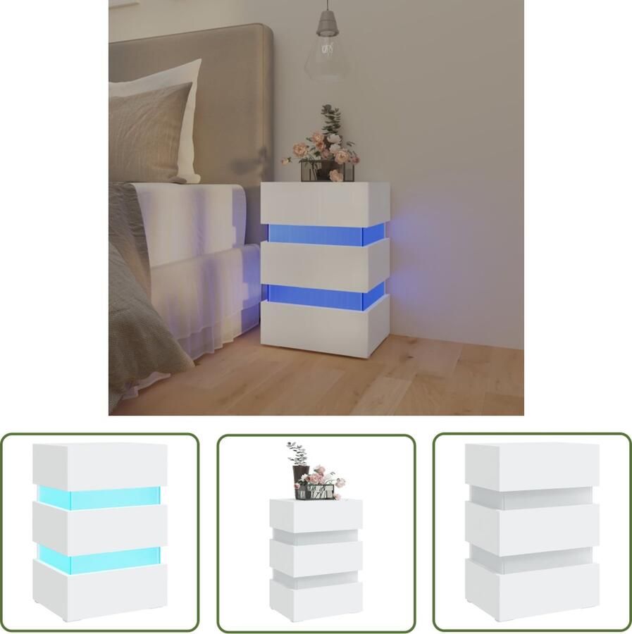 The Living Store Nachtkastje LED-verlichting Wit 45 x 35 x 67 cm USB-aansluiting Nachtkastje Led Lamp Nachtlampje Slaapkamermeubel Houten Meubel - Foto 2