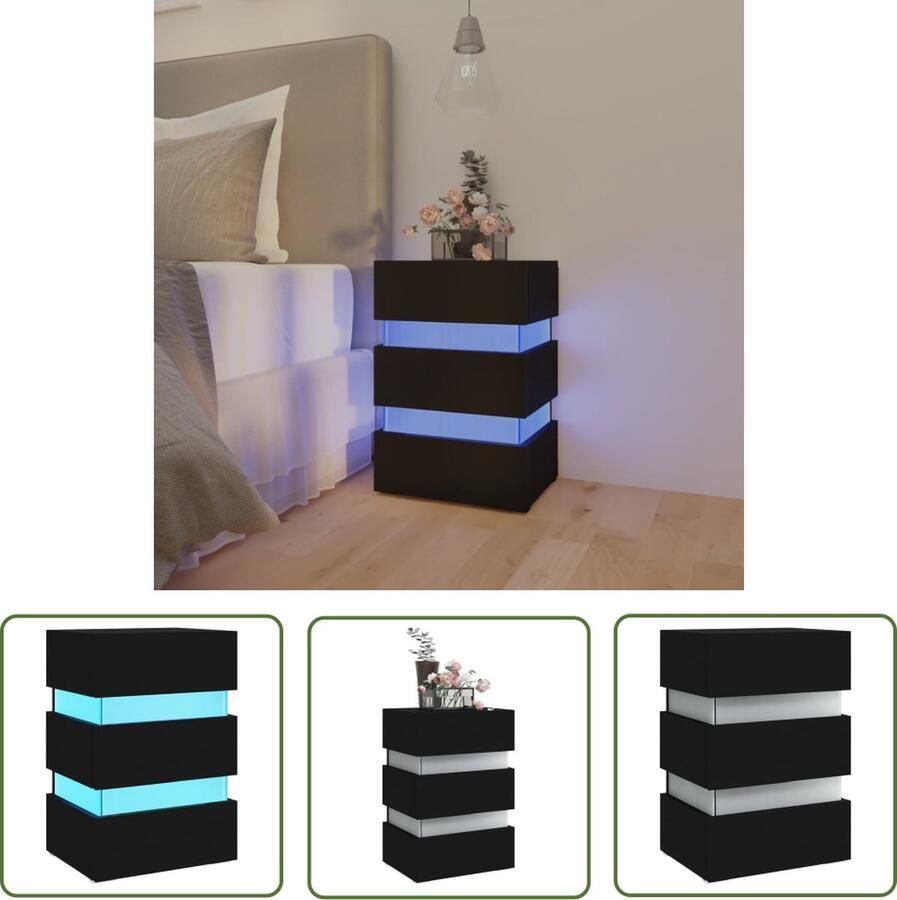 The Living Store Nachtkastje LED-verlichting Zwart 45 x 35 x 67 cm USB-aansluiting Nachtkastje Led Lamp Nachtlampje Zwarte Kamermeubel Houten Nachtkastje - Foto 2