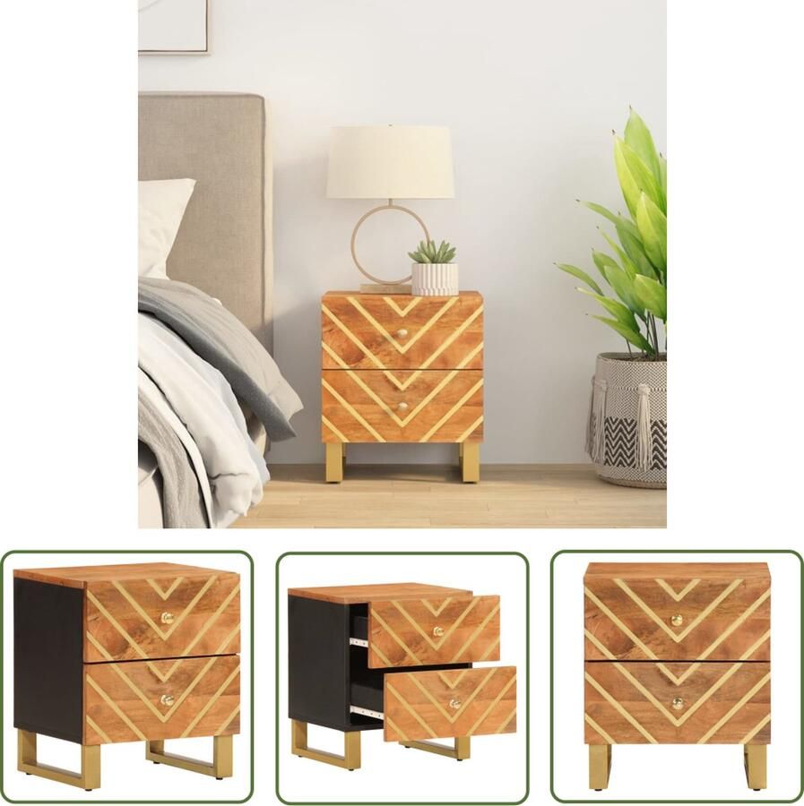 The Living Store Nachtkastje Mangohout 40 x 33.5 x 46 cm Bruin Zwart Nachtkastje Mangohout Houten Kast Slaapkamers Kamerdecoratie - Foto 2