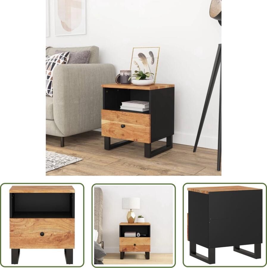 The Living Store Nachtkastje Industrieel Massief Acaciahout 40 x 31 x 46 cm Nachtkastje Industrieel Houten Nachtkastje Acacia Meubilair Slaapkamer Accessoires Opbergkastje - Foto 2