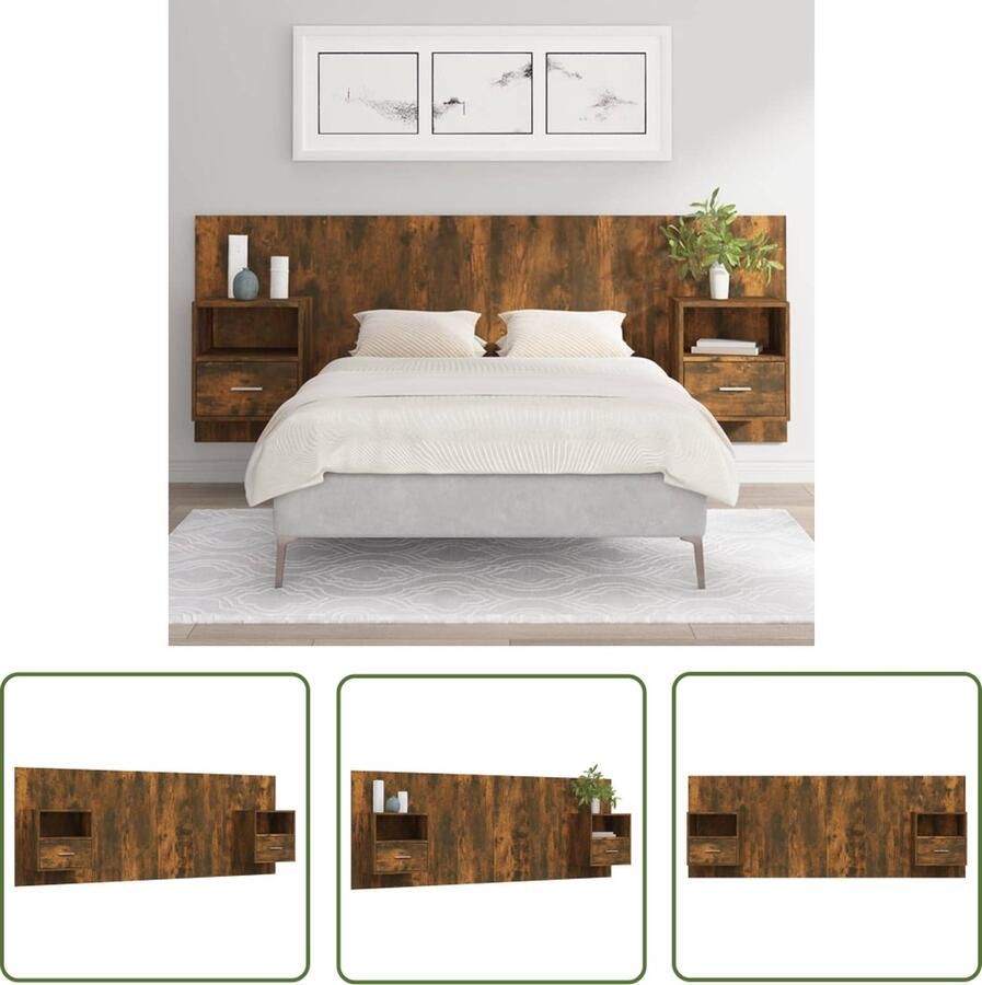 The Living Store Hoofdbord en Nachtkastjes Gerookt eiken Stevig materiaal Wandmontage Opbergruimte Afmetingen- 120 x 80 cm Montage vereist Hoofd Bord Nachtkastjes Wandmontage Houten Meubels Bruine Kleur - Foto 2