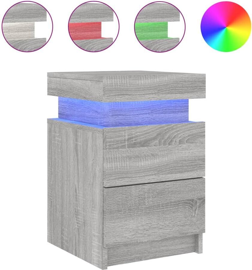 The Living Store Nachtkastje met LED-verlichting 35x39x55 cm grijs sonoma eiken Nachtkastje Led Verlichting Slaapkamermeubilair Houten Kast Grijze Kast - Foto 2