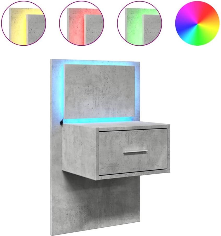 The Living Store Nachtkastje met LED's wandgemonteerd betongrijs Nachthastje Wandlamp Led Verlichting Betongrijs Houten Nachttafel - Foto 2