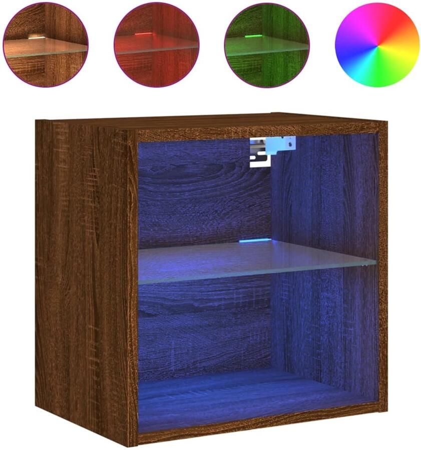 The Living Store Nachtkastje met LED's wandgemonteerd bruin eikenkleur Nachtkastje Led Lamp Bedroom Furniture Houten Kast Bruine Eiken - Foto 2