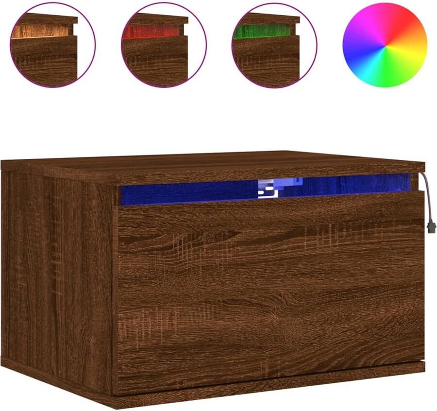 The Living Store Nachtkastje met LED's wandgemonteerd bruin eikenkleur Wandgemonteerd Nachtkastje Wandgemonteerde Nachtkastjes Nachtkastje Zwevend Nachtkastje - Foto 3
